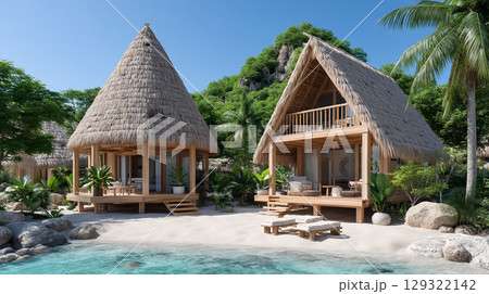 Eco friendly wellness resort featuring sustainable architecture with thatched roof bungalows surrounded by lush greenery and serene beach. perfect getaway for relaxation and nature lovers 129322142