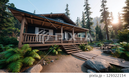 serene wooden house surrounded by lush greenery and tall trees, offering peaceful retreat in nature. sunlight filters through branches, creating tranquil atmosphere 129322154