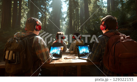 serene forest scene featuring people sitting at table, wearing headphones and using laptops, immersed in sound therapy. sunlight filters through trees, creating peaceful atmosphere serene forest scene featuring people sitting at table, wearing headphones and using laptops, immersed in sound therapy. sunlight filters through trees, creating peaceful atmosphere 129322155