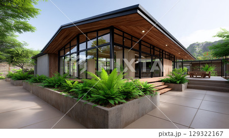 modern wooden cabin surrounded by lush greenery, featuring large glass windows and spacious outdoor area. design promotes wellness and relaxation in serene environment 129322167