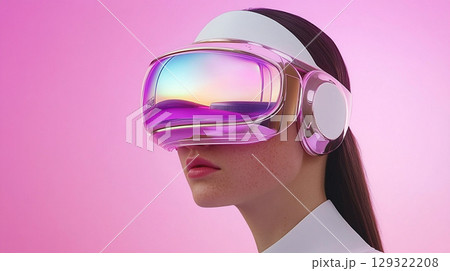 Futuristic virtual reality headset worn by woman, showcasing advanced technology and sleek design. vibrant colors and modern aesthetics evoke sense of innovation and excitement 129322208