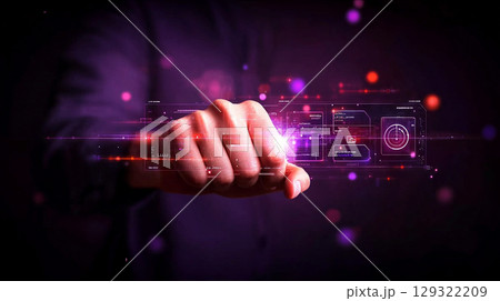 Futuristic hand gesture interacting with digital technology, showcasing smart health devices and wellness innovations vibrant, colorful environment. scene evokes sense of advanced technology 129322209