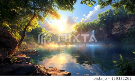 serene landscape featuring tranquil lake surrounded by lush greenery, with waterfall cascading in background. warm sunlight filters through trees, creating peaceful atmosphere 129322262