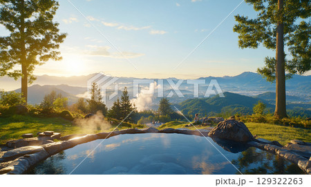 serene mountain landscape featuring natural hot spring pool surrounded by lush greenery. sun rises over horizon, casting warm glow on misty mountains, creating tranquil atmosphere 129322263
