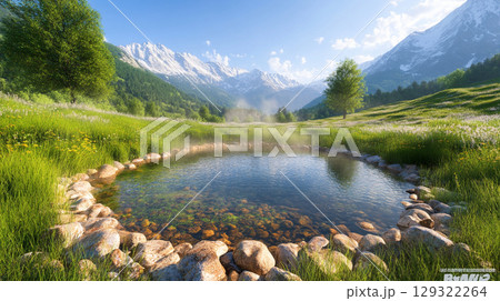 serene natural hot spring surrounded by lush green grass and wildflowers, with majestic mountains in background. clear water reflects blue sky, creating peaceful atmosphere 129322264