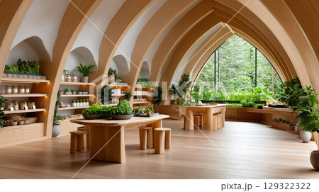 serene interior of modern organic farm to table restaurant featuring wooden architecture, lush greenery, and spacious layout that promotes connection with nature 129322322
