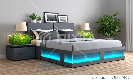 modern bedroom featuring stylish bed with integrated sleep monitoring technology and illuminated aquarium elements. serene atmosphere is enhanced by greenery and soft lighting, creating tranquil 129322407