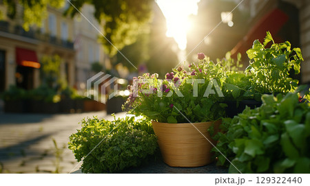 Fresh herbs and vibrant greens bask in warm sunlight, creating serene atmosphere in charming market street. scene captures essence of organic produce and wellness 129322440