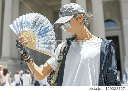若い男性がうちわで顔をあおぐ夏イベント風イラスト素材 129322507