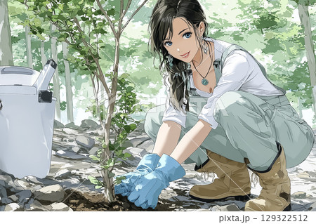 山に木を植える女性のイラスト素材 129322512