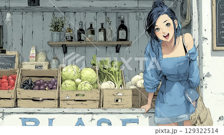 八百屋で野菜を販売する女性のイラスト素材 129322514