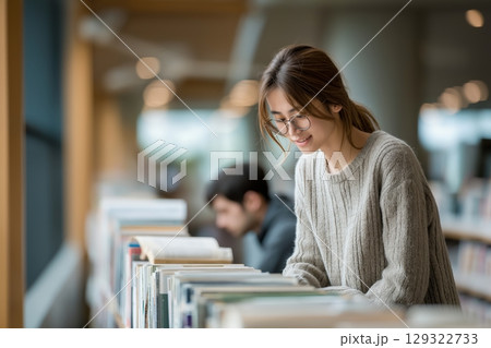 Young female student researching books in a university library during the day with dedication and Young female student researching books in a university library during the day with dedication and 129322733