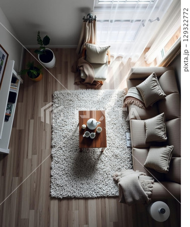Cozy Living Room Interior with Warm Light and Soft Textures Cozy Living Room Interior with Warm Light and Soft Textures 129322772