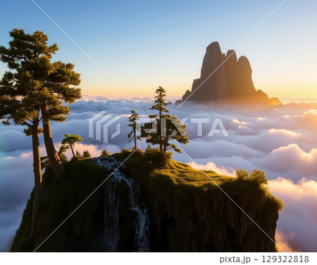 Serene Mountainscape Amidst Golden Cloud Embrace 129322818
