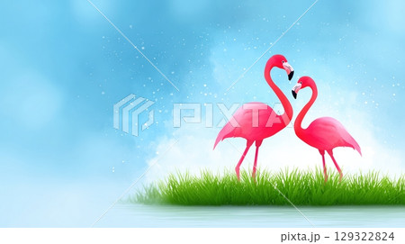 Two bright pink flamingos on green grass with soft blue sky and water background Two bright pink flamingos on green grass with soft blue sky and water background 129322824