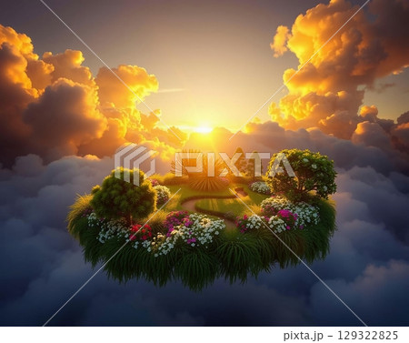 Serene Cloud Island Paradise Amidst Golden Sunset Skies Serene Cloud Island Paradise Amidst Golden Sunset Skies 129322825