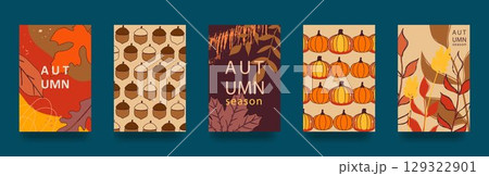 Bright covers on autumn theme. Autumn leaves, acorns, pumpkins. Printable template. Vertical banners, flyers for social networks, websites, advertising, promotions. Vector 129322901
