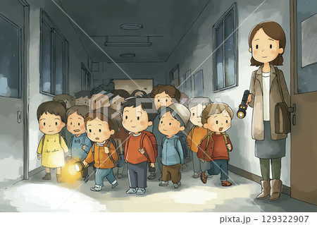 暗い廊下を先生の誘導で歩く子どもたち（避難訓練・夜間） 129322907