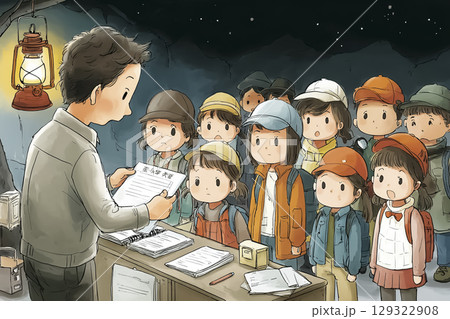 避難訓練中に先生が児童の名簿を確認する様子（暗い屋外） 129322908