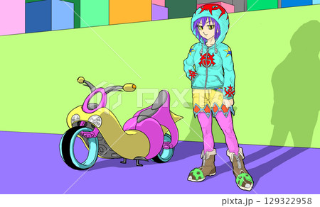 バイクとフードの女の子 BIKE AND GIRL 129322958