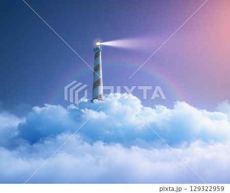 Majestic Lighthouse Amidst Dreamy, Floating Cloudscape Illumination 129322959