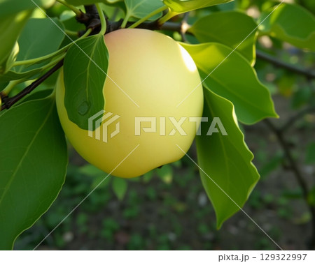 Ripe Yellow Japanese Persimmon Hanging on Branch 129322997