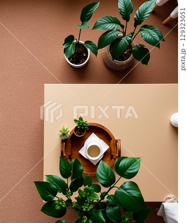 An overhead shot of a table setting with plants, a tray, and a cup of tea. 129323051