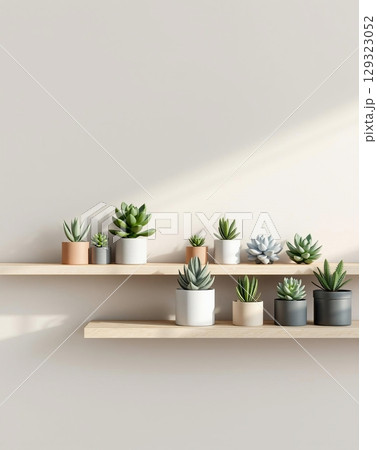 Aesthetic display of succulents on wooden shelves against a neutral wall in a minimalist home. Aesthetic display of succulents on wooden shelves against a neutral wall in a minimalist home. 129323052