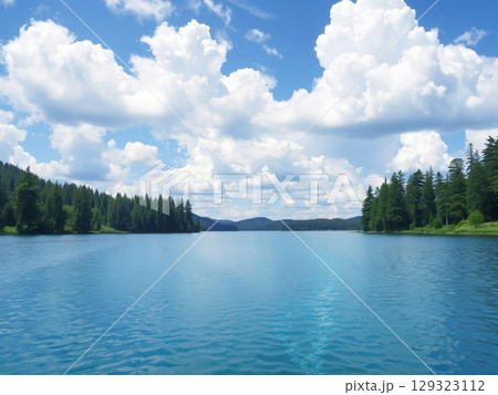Serene Lakeside Vista Under a Brilliant Summer Sky 129323112