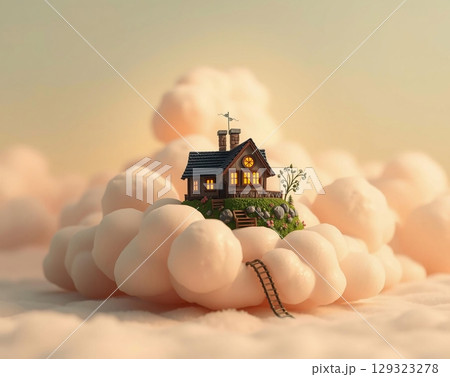 Dreamy Cottage Floating Amongst Pastel Clouds Serenity 129323278