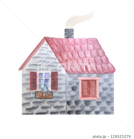 Cottage with a red tiled roof, cat, pink stone walls, and wooden shutters. Watercolor house perfect for countryside themes, children's books, rural architecture, or cozy landscape scenes 129323279