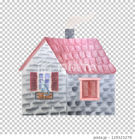 Cottage with a red tiled roof, cat, pink stone walls, and wooden shutters. Watercolor house perfect for countryside themes, children's books, rural architecture, or cozy landscape scenes 129323279