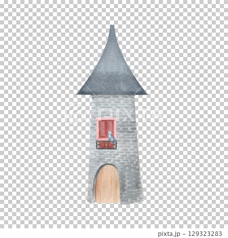 Medieval-style stone tower with a dome-shaped roof and arched wooden door. Watercolor illustration isolated on white background. Ideal for fairytales, maps, fantasy packaging, educational materials 129323283