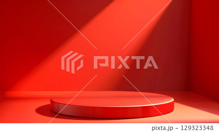 red podium on rectangular background. Conceptual banner for holidays. Pedestal for displaying good. 129323348