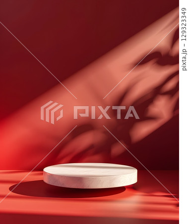 red podium on rectangular background. Conceptual banner for holidays. Pedestal for displaying good. 129323349