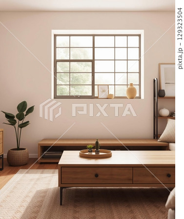 A Minimalist Living Room: Natural Light, Wooden Furniture, and Indoor Plants 129323504