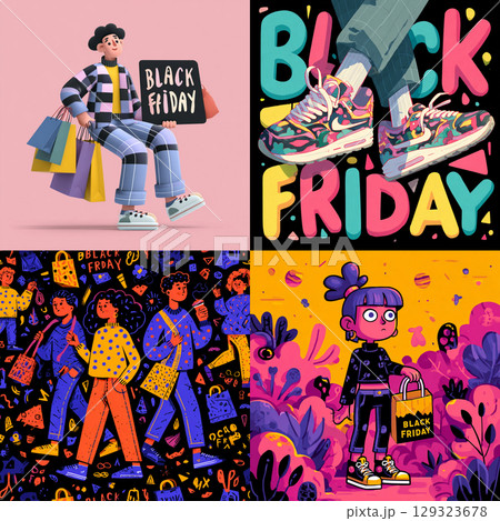 Playful Cartoon Style Black Friday Banner with Bright Colors 129323678