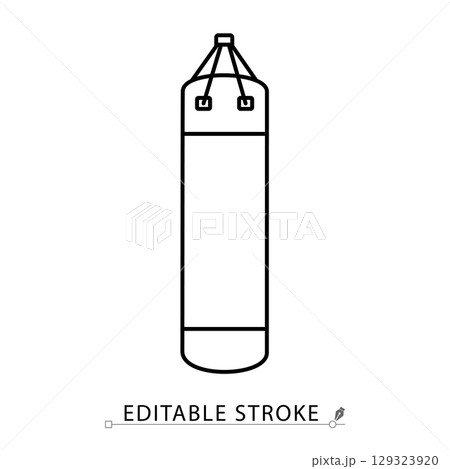 A punching bag icon in minimalist style with editable stroke. Boxing equipment, combat training, fitness gear, martial arts object, workout element, impact tool, strength sport, outline graphic. A punching bag icon in minimalist style with editable stroke. Boxing equipment, combat training, fitness gear, martial arts object, workout element, impact tool, strength sport, outline graphic. 129323920