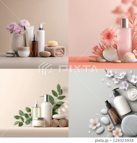 Elegant Spa Cosmetic Set with Towels and Blossoms Soft Beauty and Skincare Concept Elegant Spa Cosmetic Set with Towels and Blossoms Soft Beauty and Skincare Concept 129323938