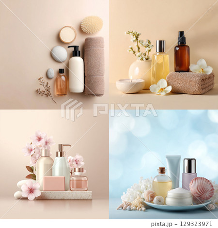 Elegant Spa Cosmetic Set with Towels and Blossoms  Soft Beauty and Skincare Concept 129323971
