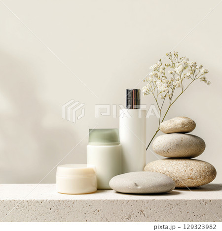 Elegant Spa Cosmetic Set with Towels and Blossoms Soft Beauty and Skincare Concept Elegant Spa Cosmetic Set with Towels and Blossoms Soft Beauty and Skincare Concept 129323982