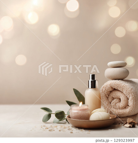 Elegant Spa Cosmetic Set with Towels and Blossoms Soft Beauty and Skincare Concept Elegant Spa Cosmetic Set with Towels and Blossoms Soft Beauty and Skincare Concept 129323997