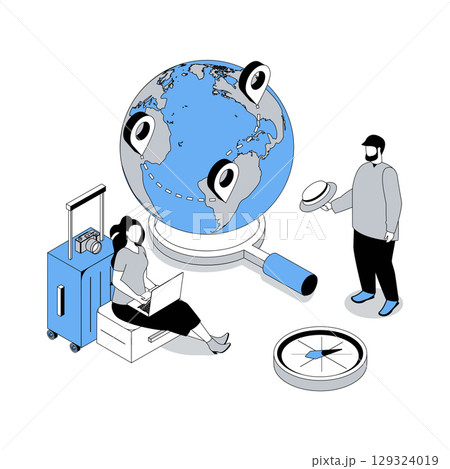 Travelling 3d isometric concept with isometry people design for web. Man and woman planning summer vacation, using globe and compass for routes, booking flight tickets online. Vector illustration 129324019