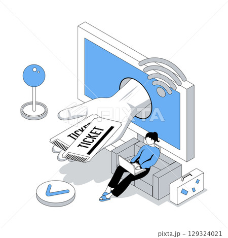 Travelling 3d isometric concept with isometry people design for web. Woman planning summer vacation, booking flight tickets online with passport, making reservation at computer. Vector illustration Travelling 3d isometric concept with isometry people design for web. Woman planning summer vacation, booking flight tickets online with passport, making reservation at computer. Vector illustration 129324021