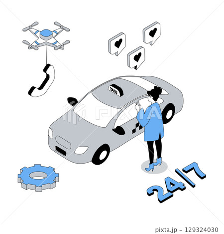 Taxi service 3d isometric concept with isometry people design for web. Woman calling and ordering car cab to city transportation, using fast automobile transfer with best drivers. Vector illustration Taxi service 3d isometric concept with isometry people design for web. Woman calling and ordering car cab to city transportation, using fast automobile transfer with best drivers. Vector illustration 129324030