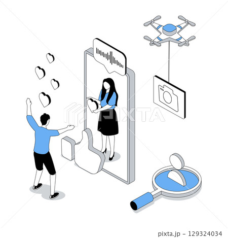 Social network 3d isometric concept with isometry people design for web. Man watching live broadcasting of influencer with, leaving comments and likes to new posts, following. Vector illustration 129324034