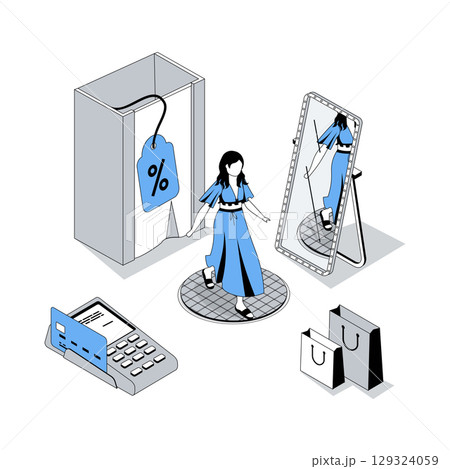 Shopping 3d isometric concept with isometry people design for web. Woman choosing new apparel in clothes store, trying dress in fitting room, paying with discount prices at sales. Vector illustration 129324059