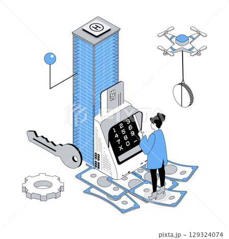 Real estate 3d isometric concept with isometry people design for web. Woman searching new apartment in skyscraper, paying money to realtor, buying residential or rental property. Vector illustration 129324074