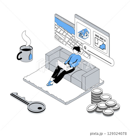 Real estate 3d isometric concept with isometry people design for web. Woman searching new house online, looking home and apartment plans, planning buying residential property. Vector illustration 129324078
