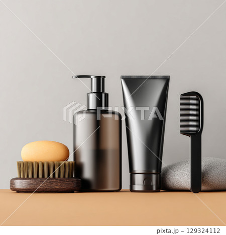 Mens Grooming and Skincare Set on Calming Background  Minimalist Beauty Concept 129324112
